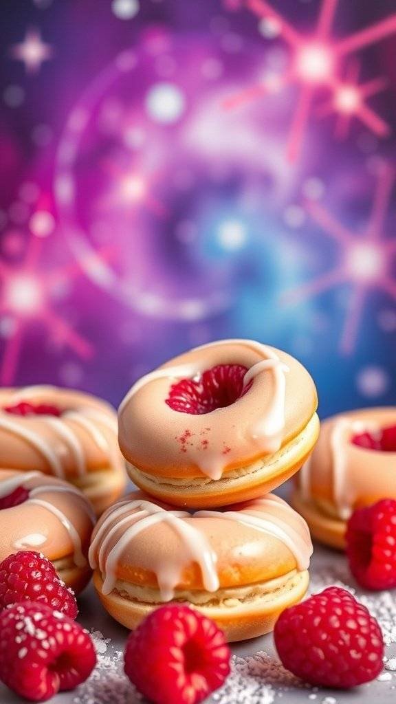 Colorful mini donuts with raspberry glaze and fresh raspberries on a cosmic background