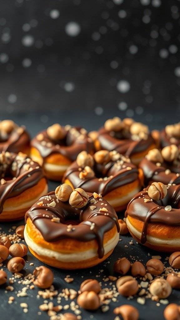 Nutella-filled mini donuts topped with chocolate glaze and hazelnuts