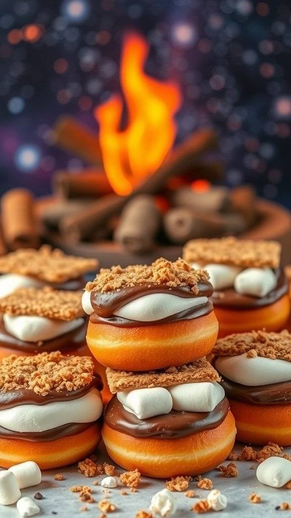 A stack of S'Mores Galaxy Mini Treats with chocolate, marshmallow fluff, and graham cracker crumbs.