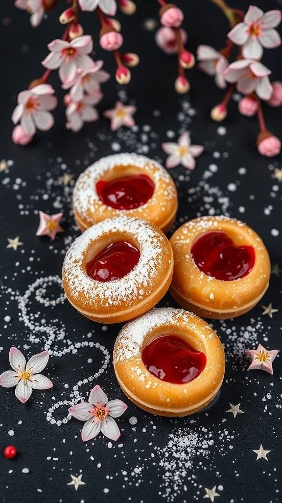 Cherry Cosmic Ring Donuts with powdered sugar and cherry filling
