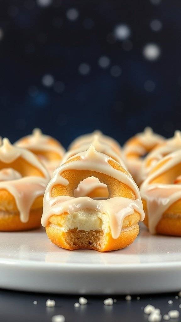 A close-up of vanilla starship cream mini donuts with a creamy filling and white chocolate glaze.