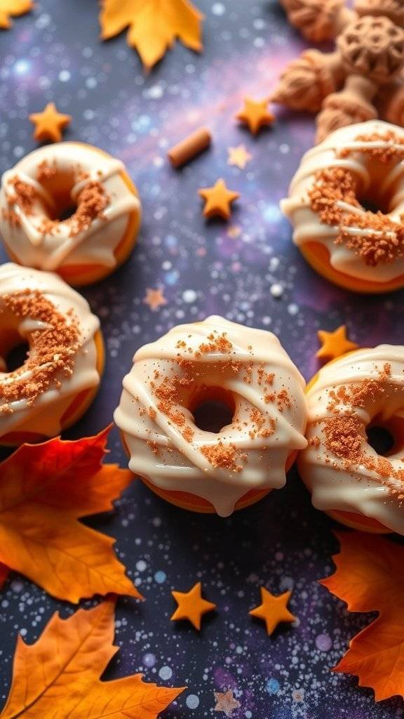 Pumpkin spice mini donuts decorated with glaze and spices, surrounded by autumn leaves and stars.