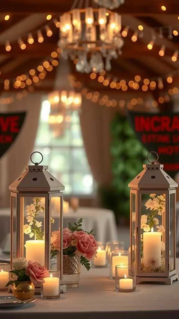 Two flower-filled lanterns with candles on a table, surrounded by additional floral arrangements and soft lighting.