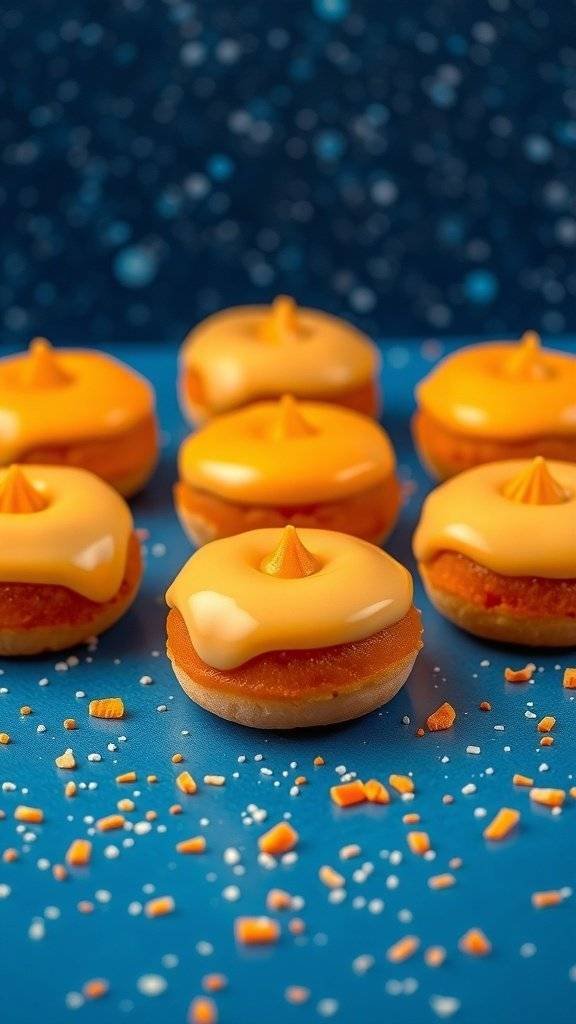 Orange Creamsicle mini donuts with orange icing and sprinkles on a blue background.