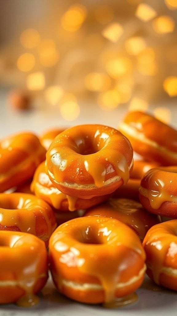 A pile of honey glazed mini donuts with a shiny golden glaze.