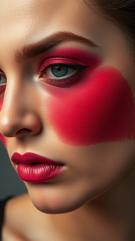 Close-up of a model's face with bold cherry red blush and matching lipstick.