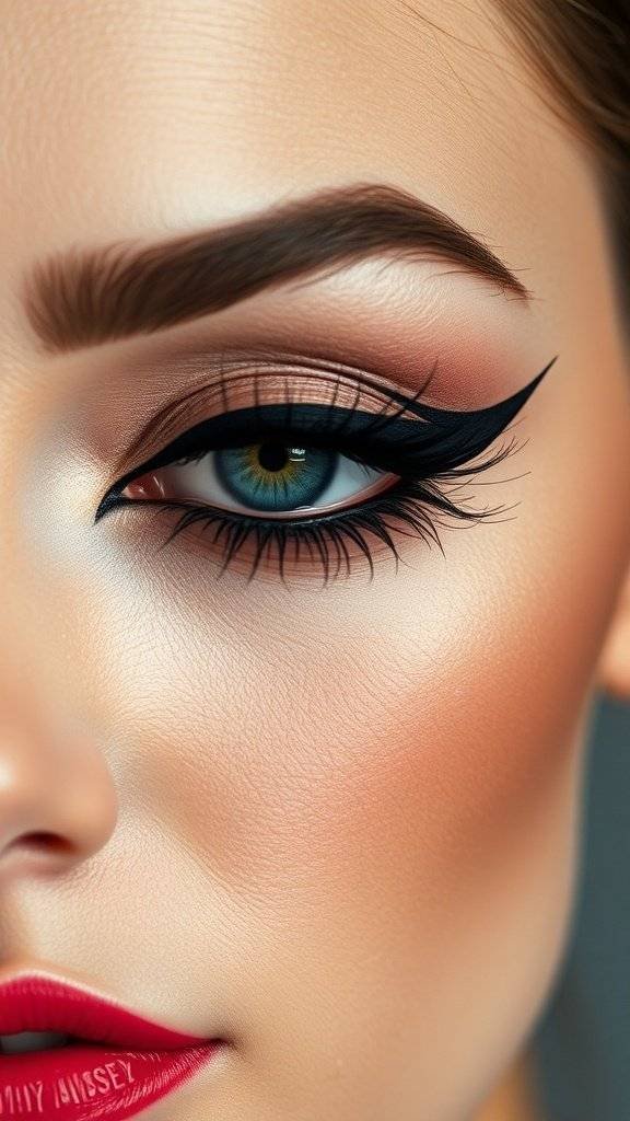 Close-up of a woman's eye featuring bold winged eyeliner and cherry red lipstick.