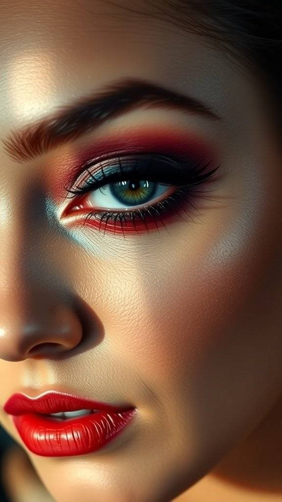 Close-up of a makeup look featuring smoky eyes and cherry red lips.