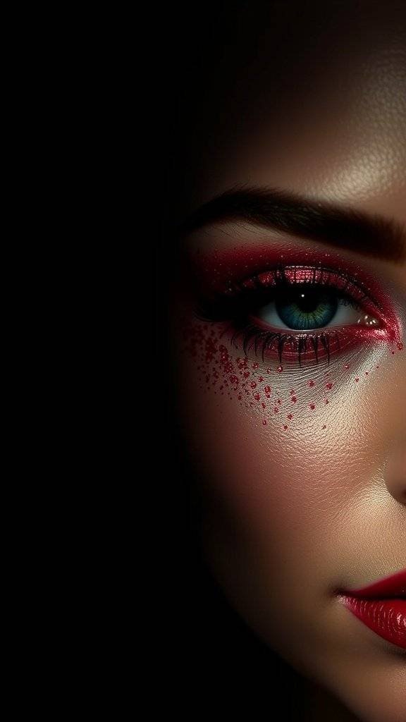 Close-up of a makeup look featuring cherry red bold makeup and glitter accents.