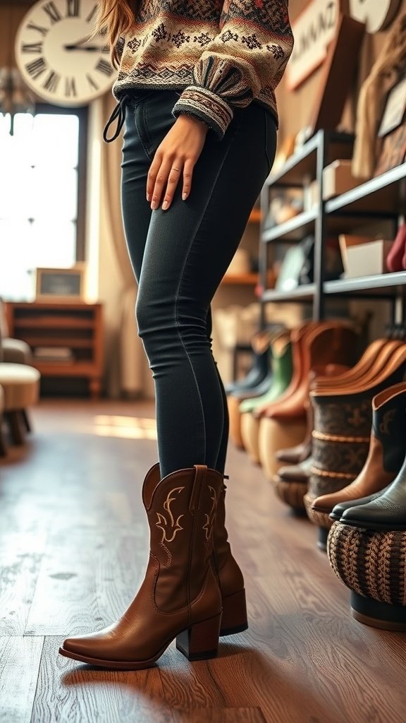 A person trying on brown leather Boho boots in a cozy store setting.