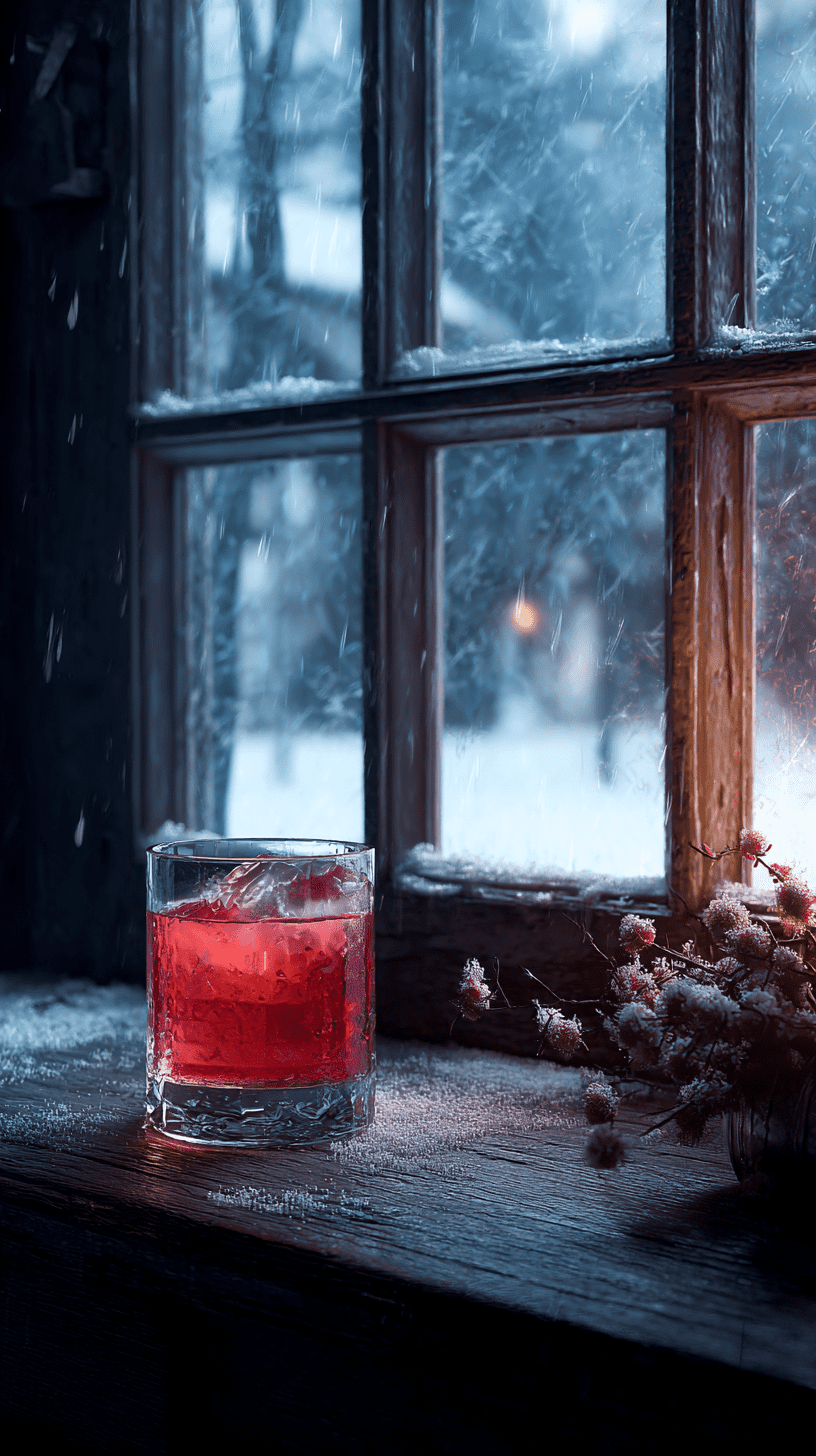 A red cocktail on a windowsill with snow outside.