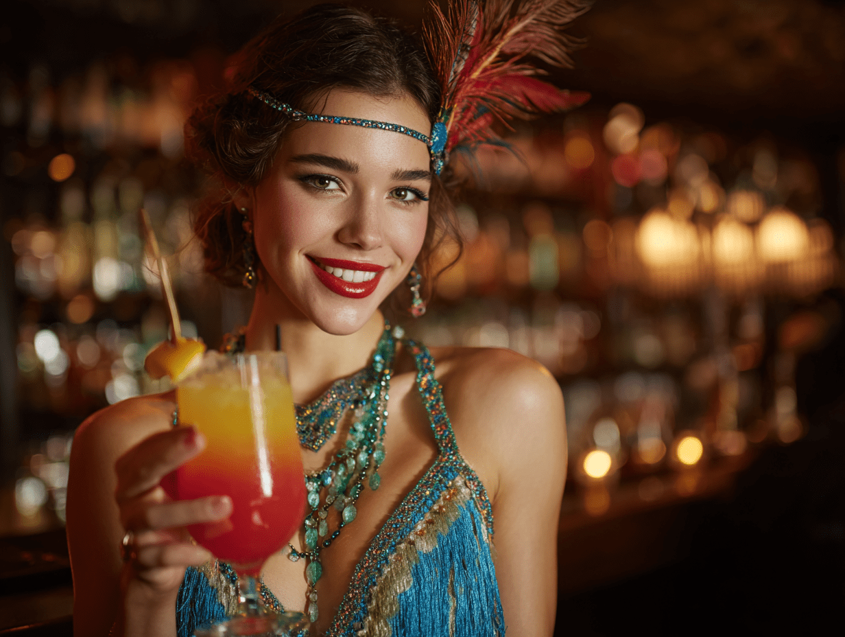 A woman holding a colourful cocktail drink in a roaring 1920's jazz bar.