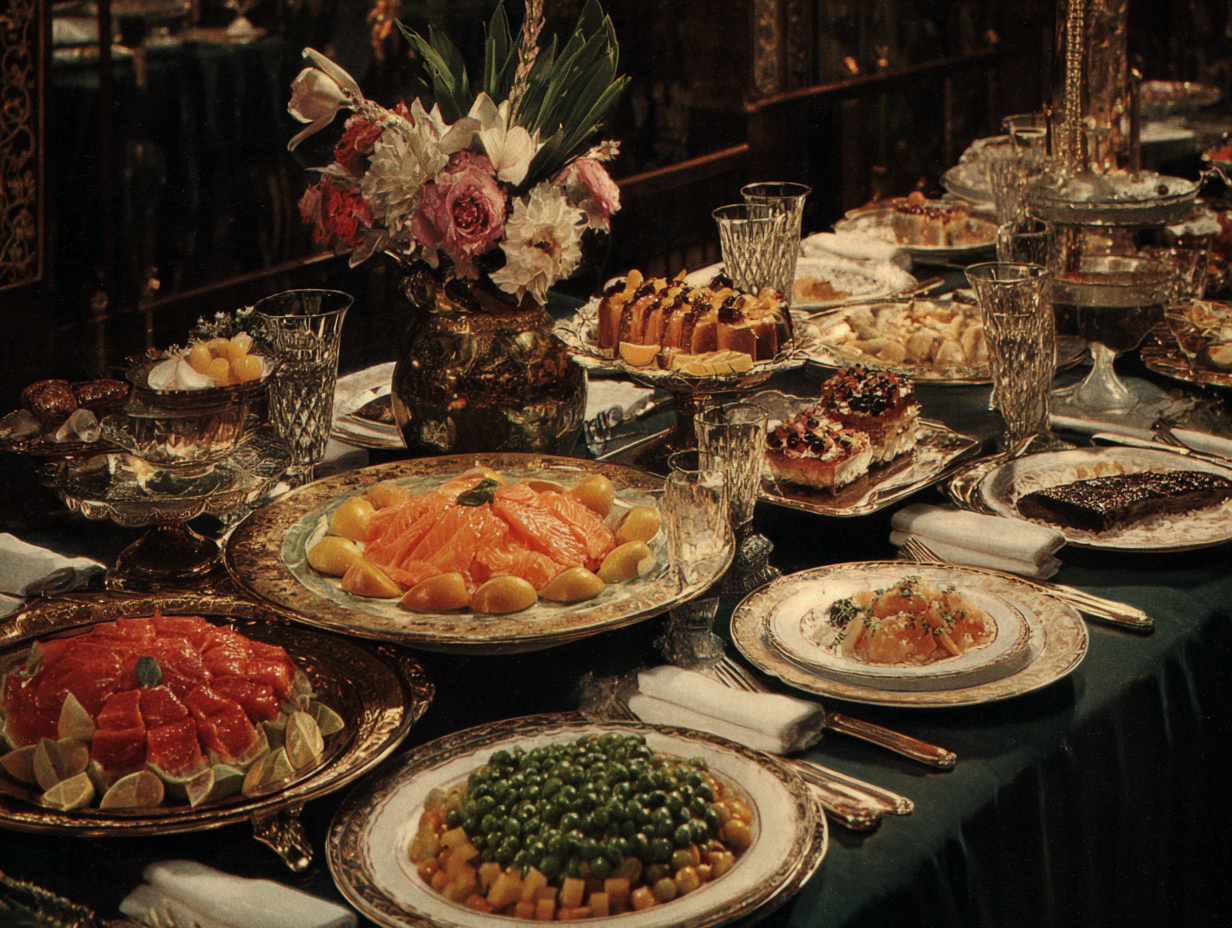 A table full of food dishes in a Gatsby era restaurant.