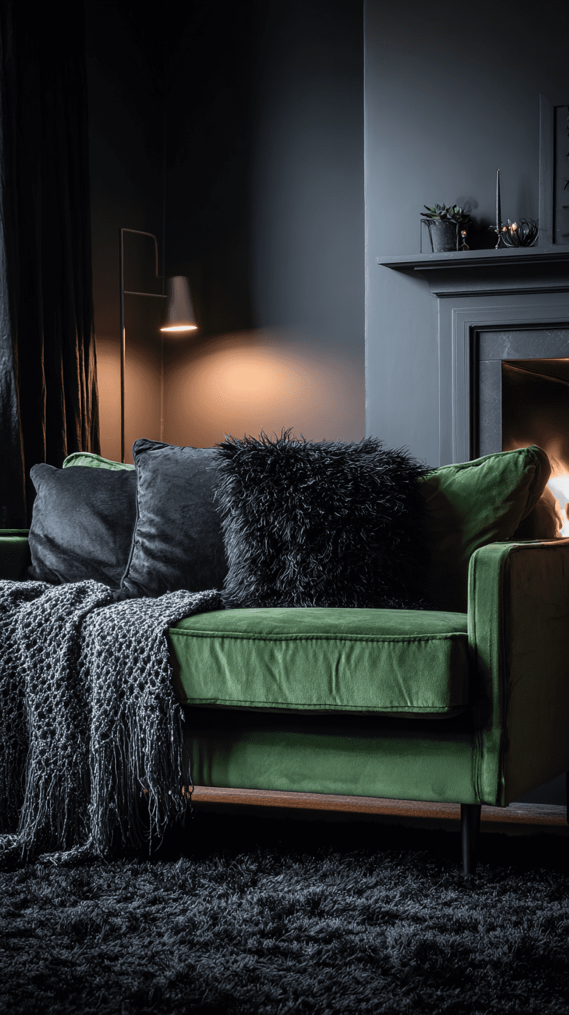 A green couch in a Gotham City apartment.