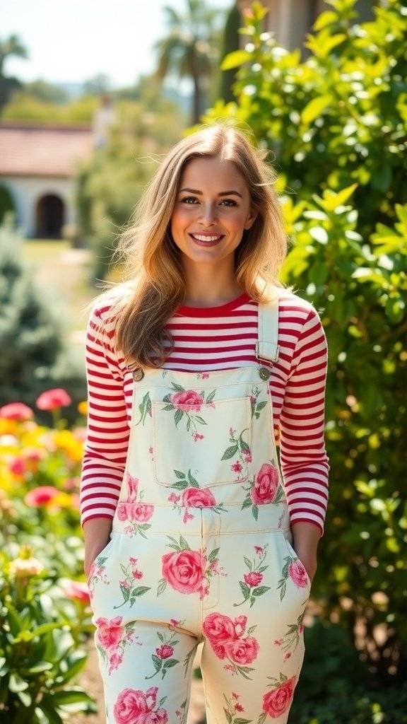 A mannequin wearing floral overalls with a striped long sleeve shirt, surrounded by sunflowers.
