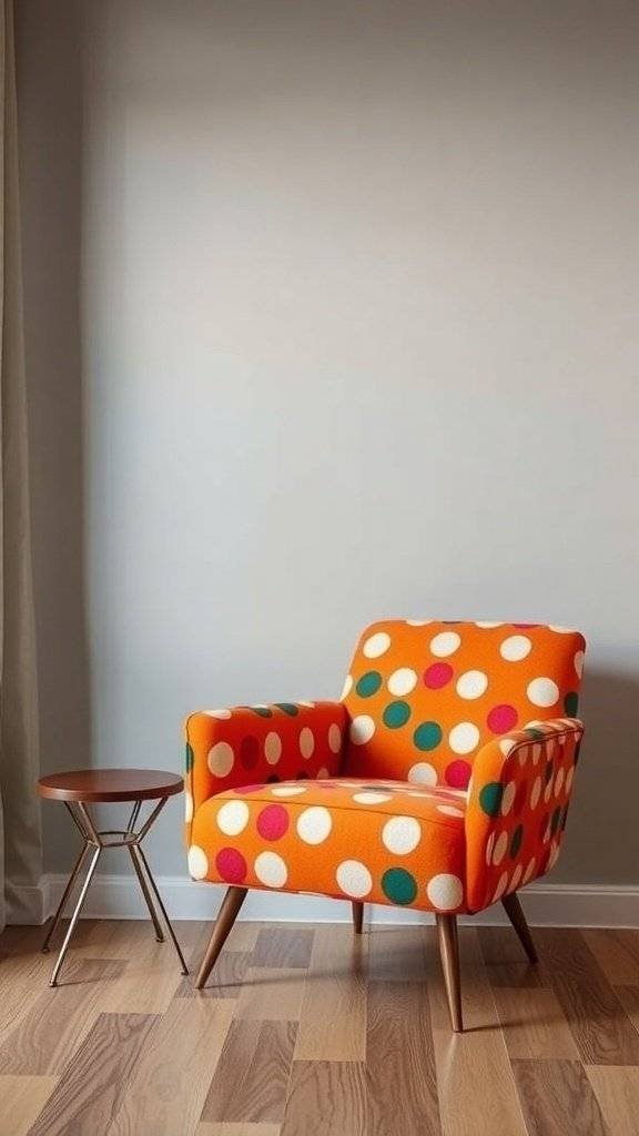 A vibrant orange polka dot accent chair with teal and pink dots next to a small wooden side table.