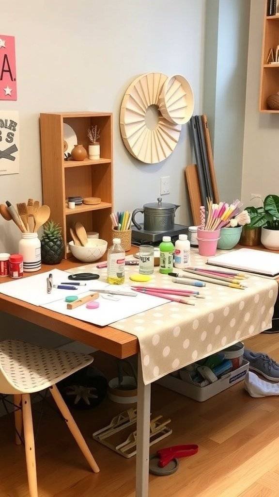 A colorful crafting workspace with polka dot decor and various supplies.