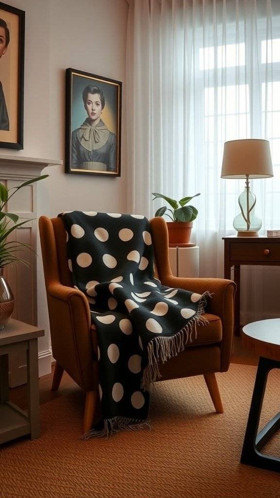 A cozy chair with a polka dot throw blanket draped over it, surrounded by 1960's themed decor.