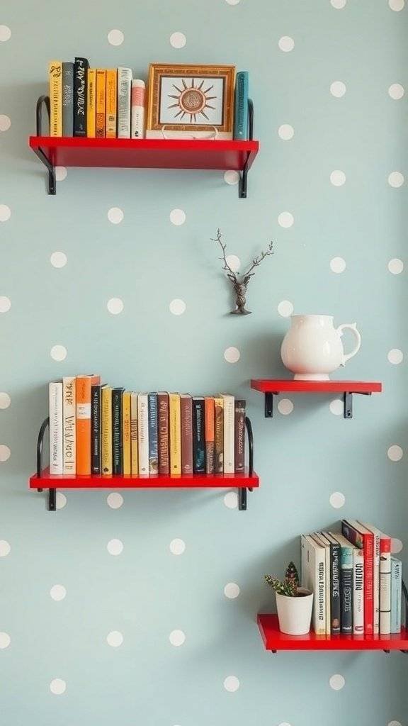 Polka dot wall shelves with books and decorative items against a blue wall