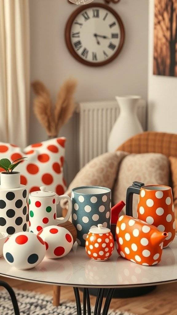 A collection of colorful polka dot home accessories on a table, featuring teapots, vases, and decorative balls in a 1960's themed setting.