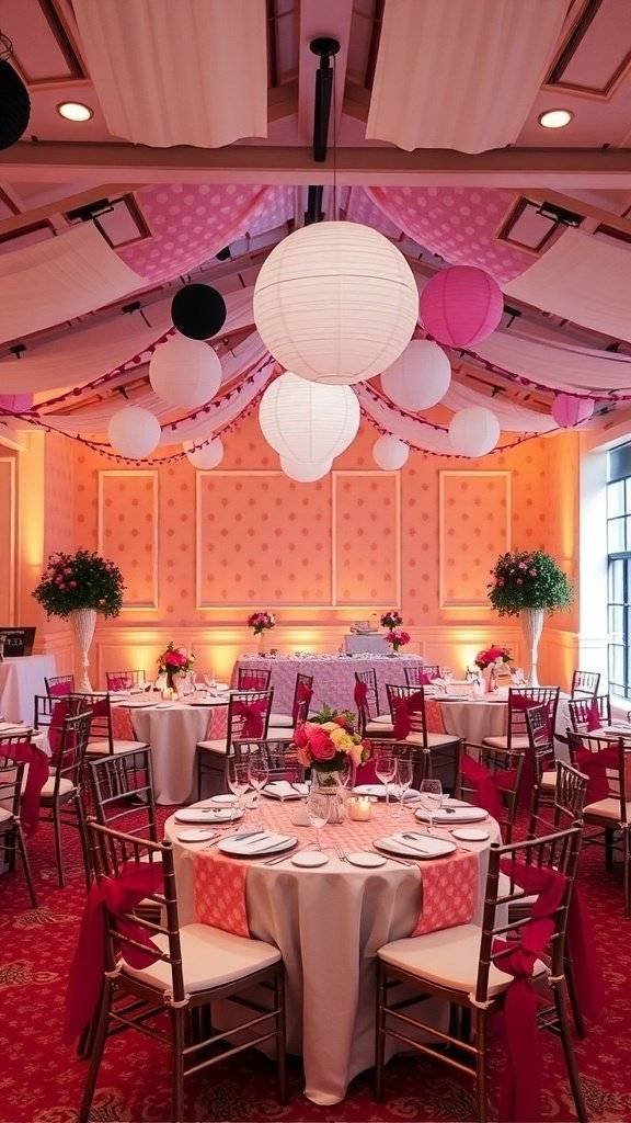 A beautifully decorated event space with pink drapery and polka dot walls, featuring round tables and bold letters.