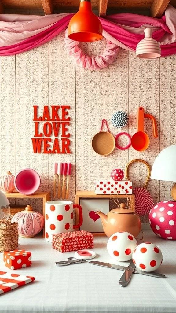A colorful display of polka dot home decor items, including mugs, teapots, and decorative boxes, set against a backdrop reminiscent of the 1960s.