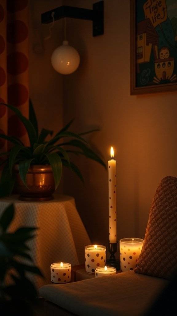 A cozy corner featuring polka dot scented candles, a tall candle, and a plant, with a warm glow and 1960's themed decor.