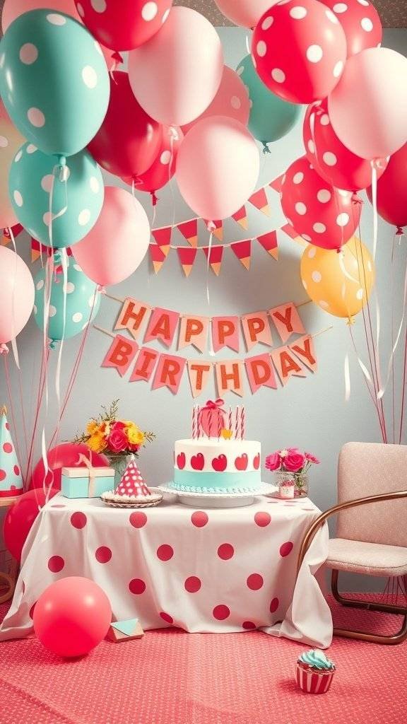 A vibrant birthday party setup featuring polka dot balloons, a decorated table with a cake, and colorful decorations.