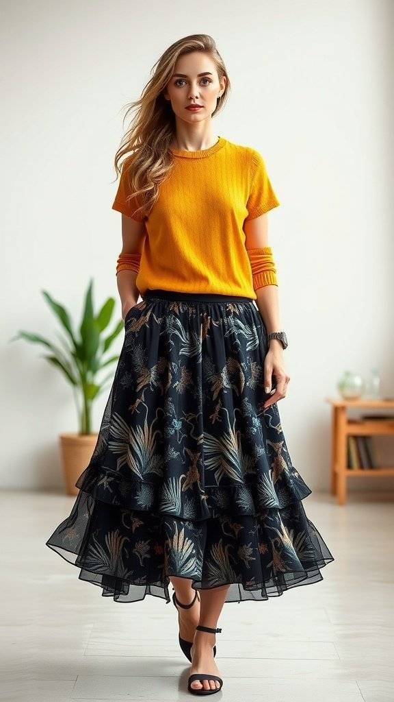 A model showcasing a layered skirt with graphic prints, paired with a fitted top and red heels.