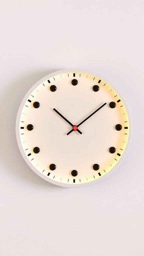A large polka dot wall clock on a light wall, accompanied by a blue cabinet and decorative items.