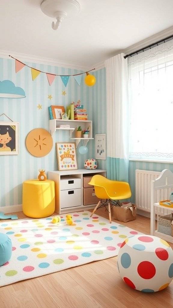 A colorful kids' room with pink polka dot walls, red and white checkered furniture, and playful artwork.