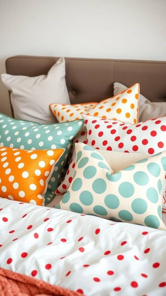 A collection of colorful polka dot decorative pillows on a bed, featuring red, orange, and teal dots.