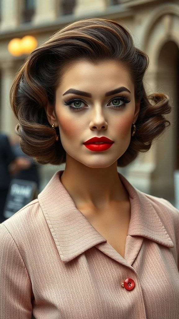A model showcasing a classic cherry red lipstick look with styled hair and a soft pink outfit.