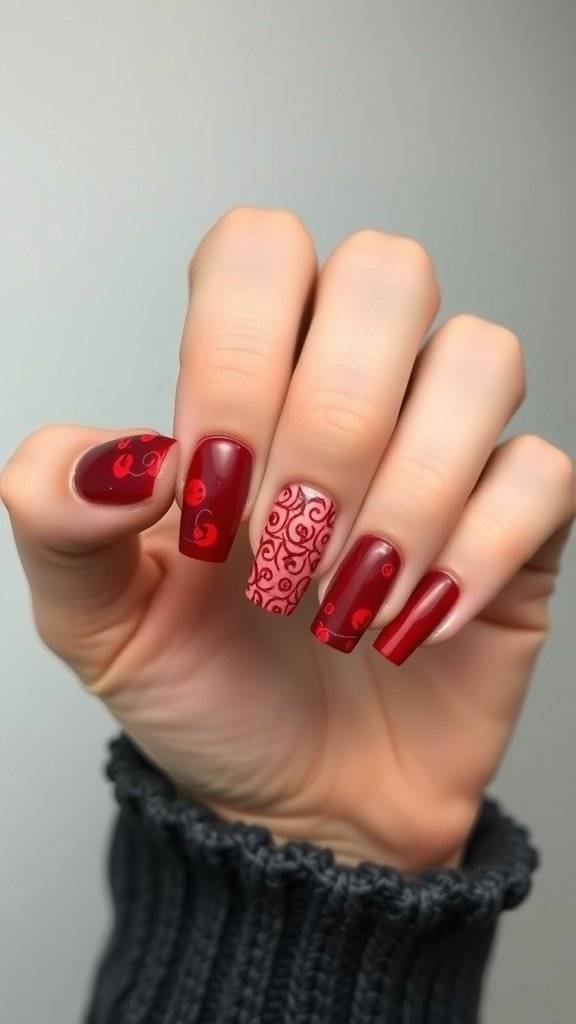 A hand with cherry red nail art featuring various designs, resting on a book.