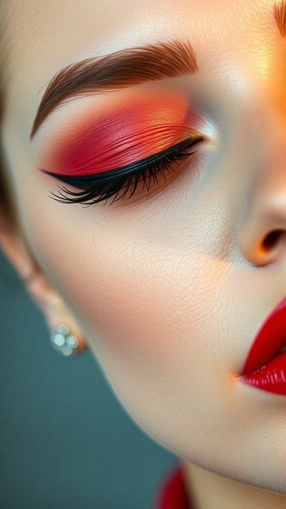 Close-up of a woman's eye makeup featuring bold cherry red eyeliner and blended warm eyeshadow.