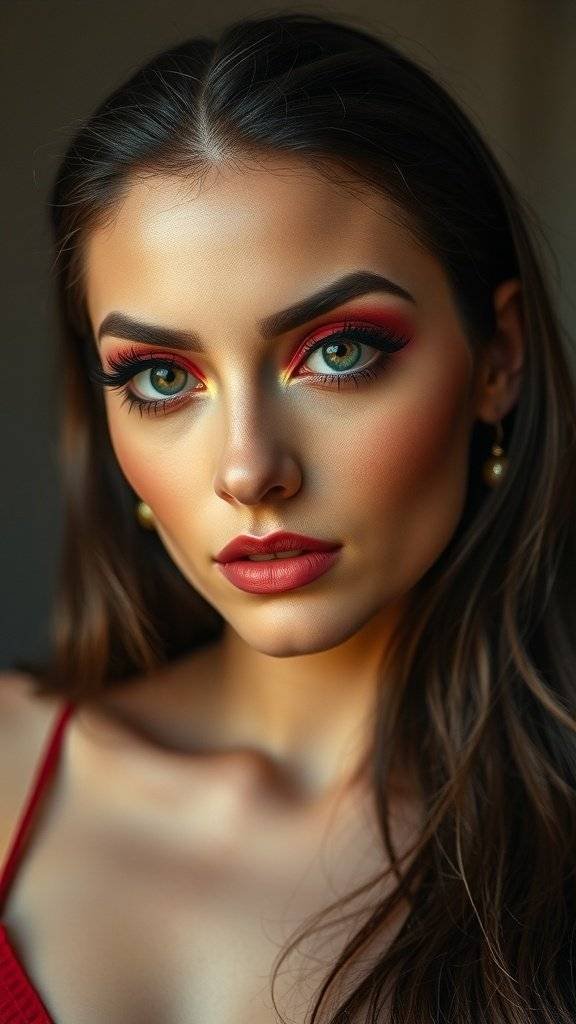 A model showcasing cherry red cat eye makeup with vibrant colors and bold lips.