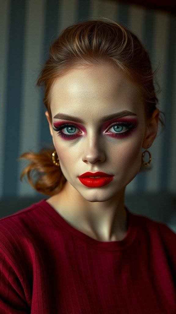 A model showcasing glamorous cherry smoky eyes with bold red lips.