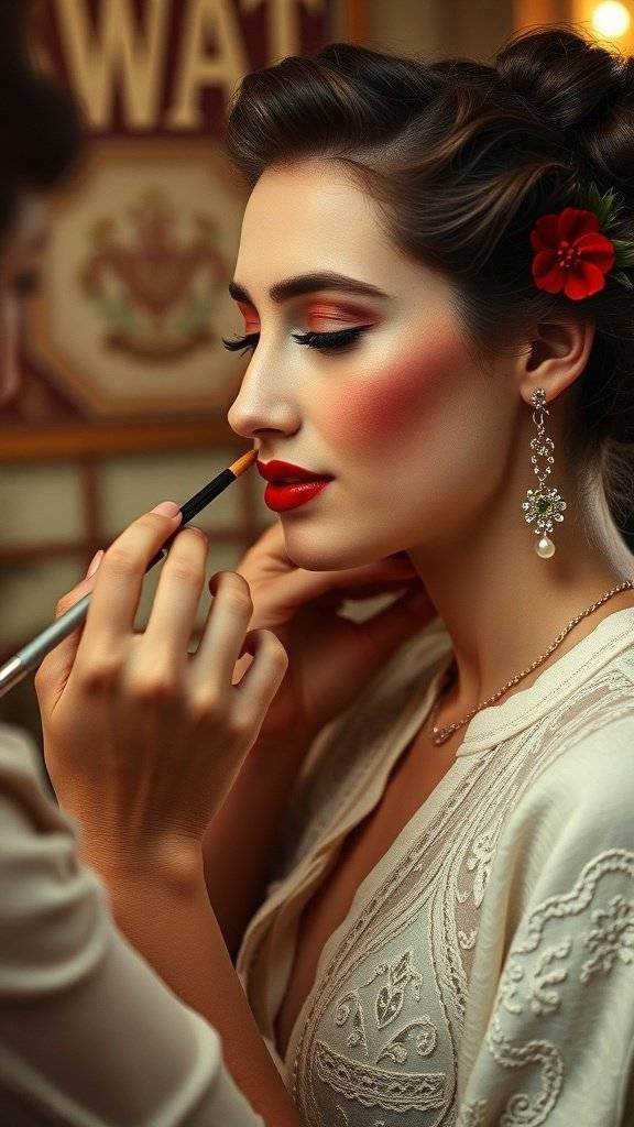 A makeup artist applying cherry red blush to a model's cheeks, showcasing a vibrant retro-inspired makeup look.