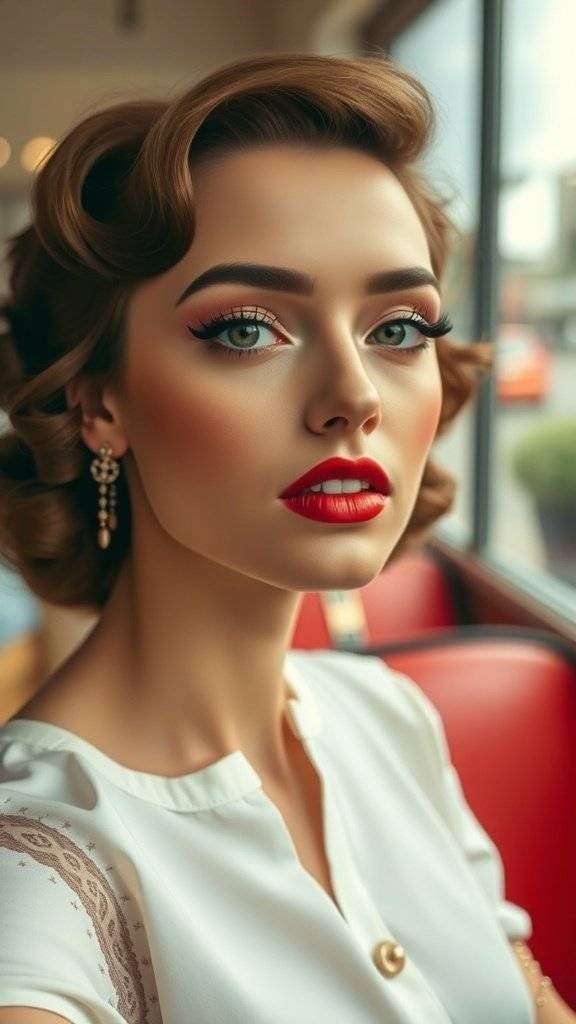 A model showcasing retro cherry red makeup with styled hair and bold red lips.