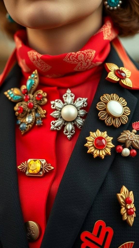 A close-up of a blazer adorned with colorful vintage brooches, showcasing a mix of bold colors and designs.