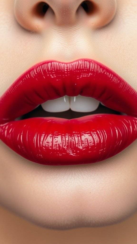 Close-up of cherry red ombre lips with a glossy finish