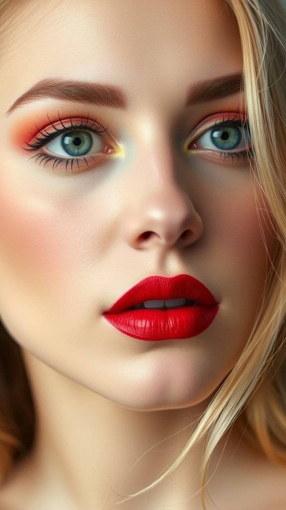 A close-up of a model with cherry red lips and soft pastel eye makeup.
