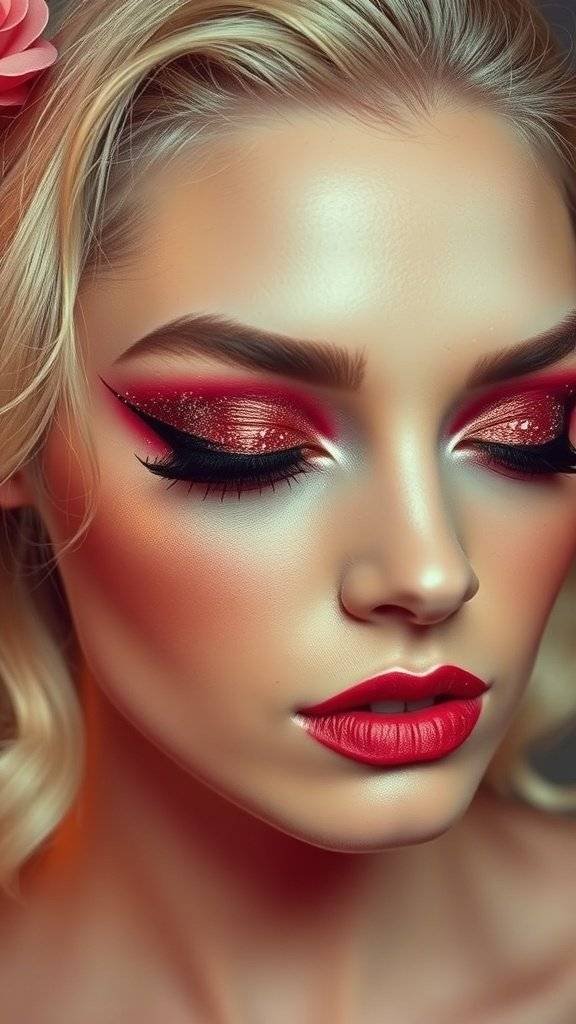 Close-up of a makeup look featuring cherry red eyeshadow, glitter accents, and bold cherry red lips.
