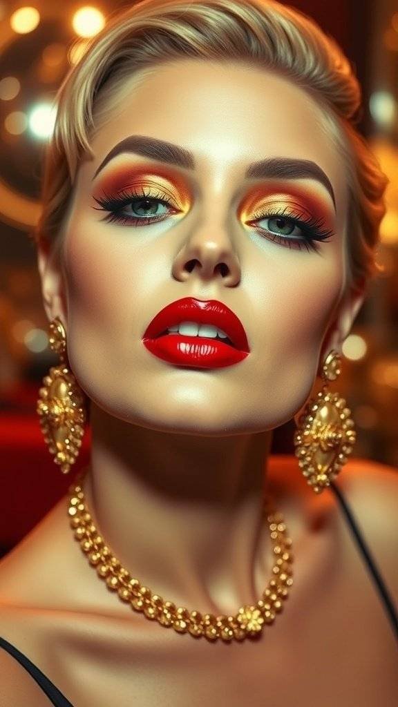 A close-up of a model showcasing cherry red makeup with gold accents, highlighting bold lips and glamorous eyes.