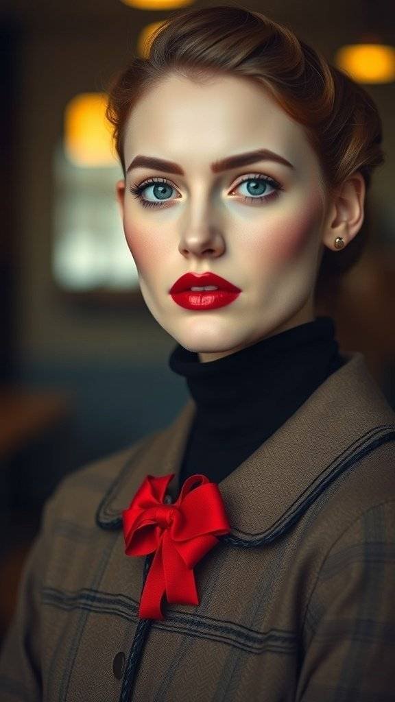 A model with cherry red cheeks and lips, wearing a vintage outfit with a red bow.