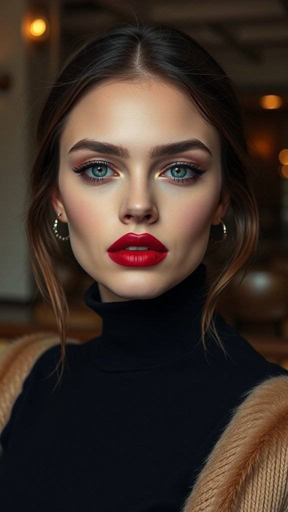 A model with a matte cherry red lipstick, showcasing a bold lip look.