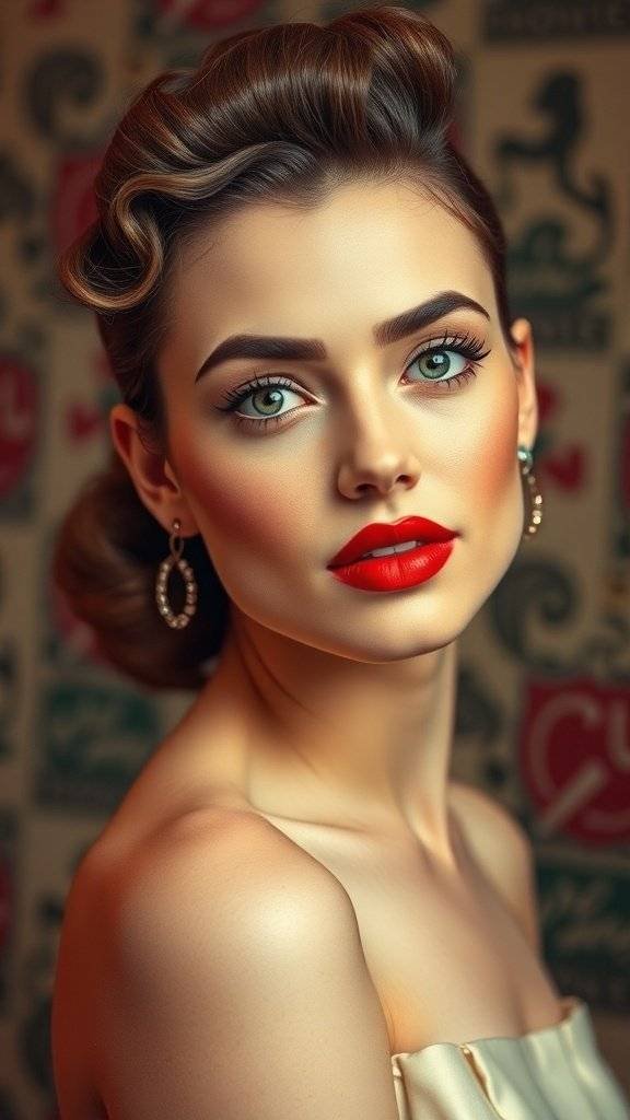 Model showcasing cherry red makeup with a vintage hairstyle and decorative hairpiece.