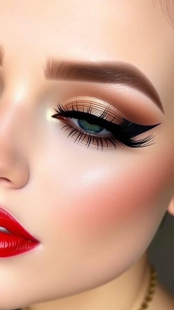 Close-up of a makeup look featuring cherry red lips and bold black eyeliner
