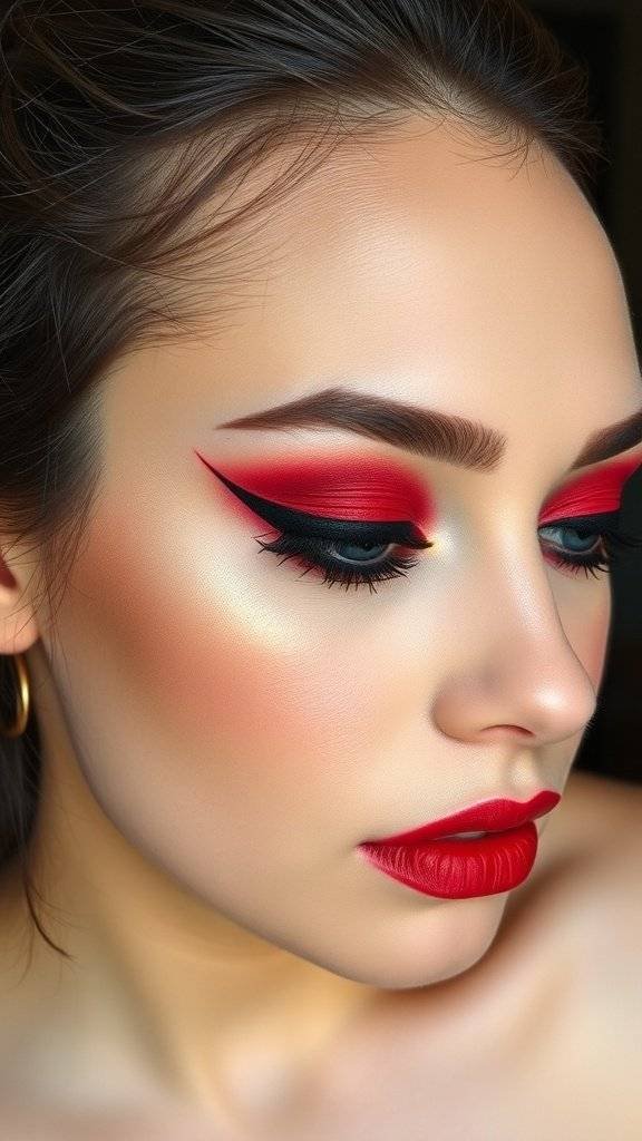Close-up of a makeup look featuring a cherry red cut crease and matching lips.