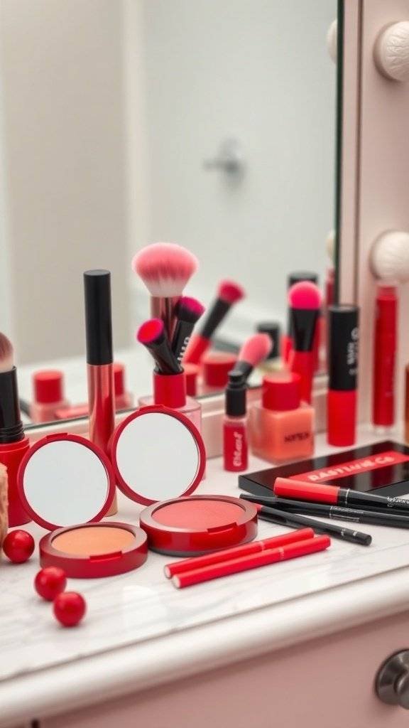 A collection of cherry red makeup products including lipsticks, blushes, and brushes arranged on a vanity.